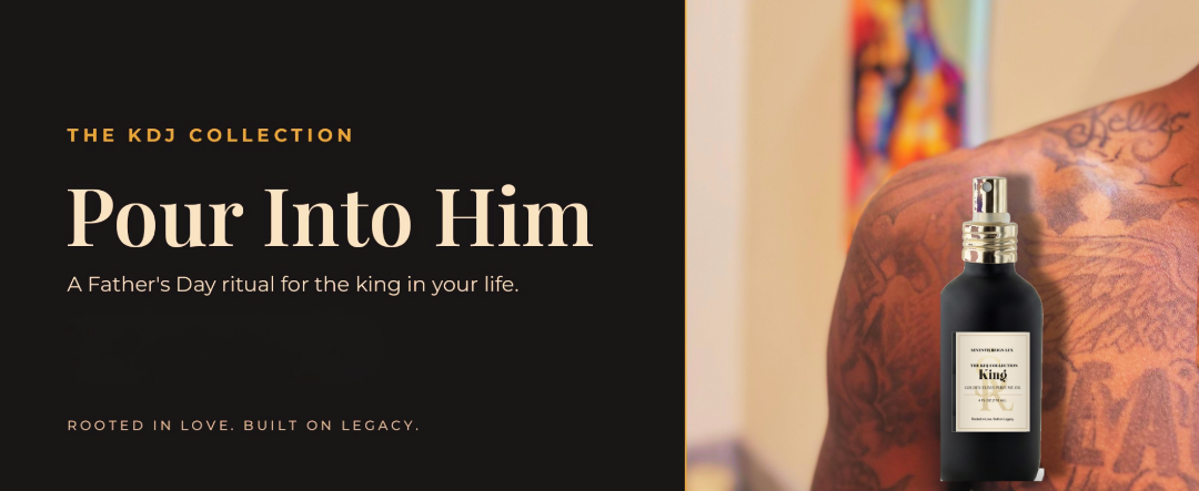 Perfume bottle with 'Pour Into Him' text and branding on a black background