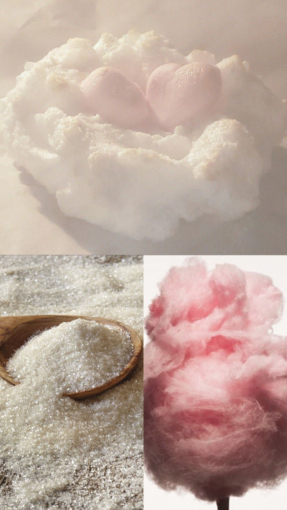 Collage of cotton candy, sugar crystals, and fluffy white cotton.