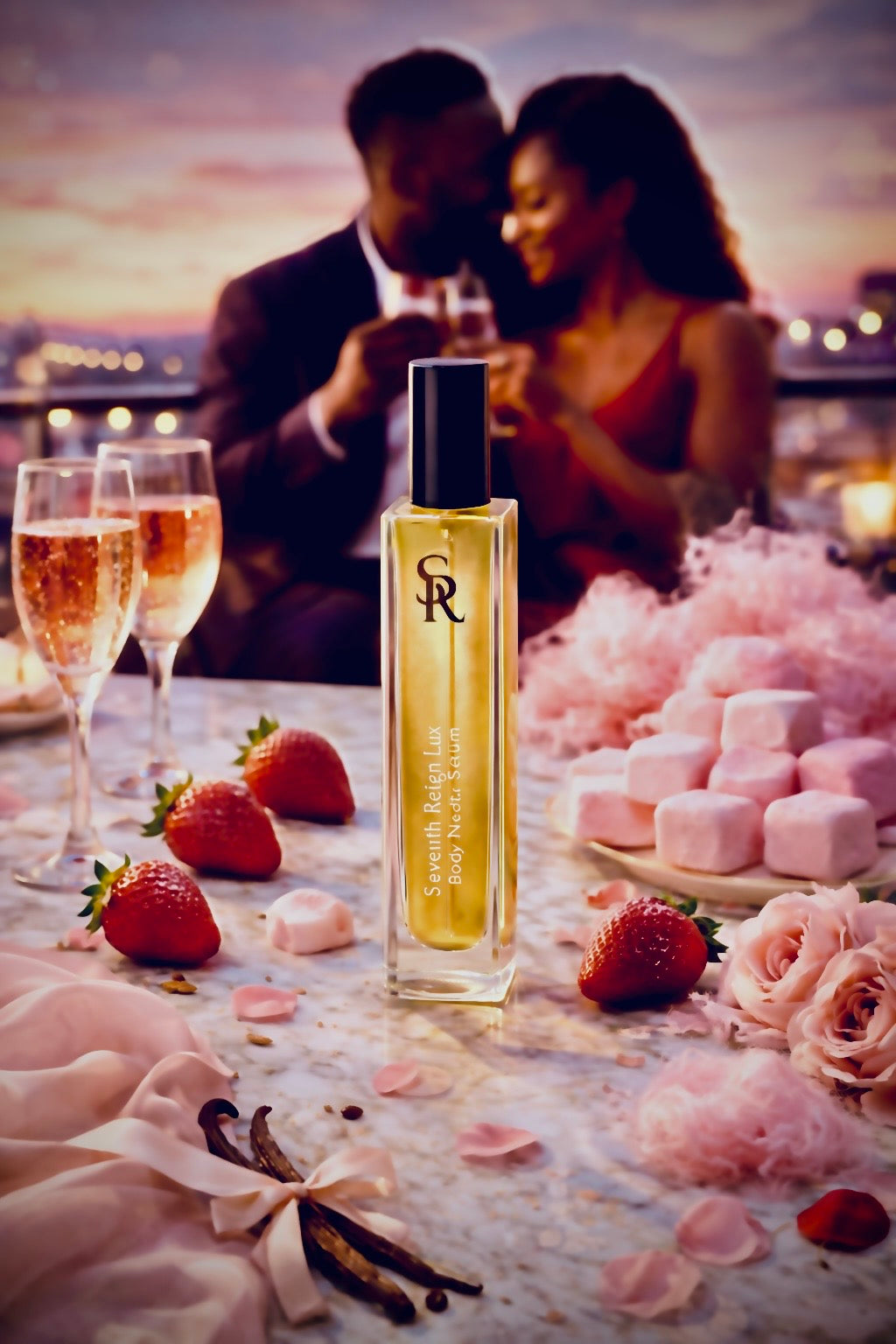 Perfume bottle with strawberries and a couple in the background