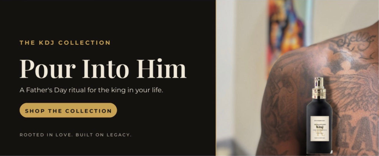 Advertisement for 'Pour Into Him' cologne by KDJ Collection with a man with tattoos and a bottle of cologne.