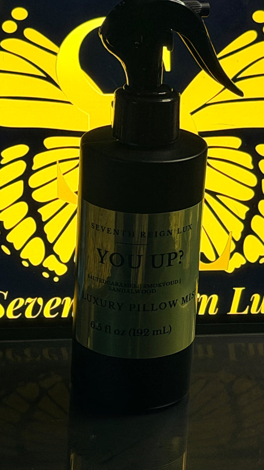 You Up? Luxury Pillow Mist in a matte black spray bottle with a gold label, 6.5 fl oz