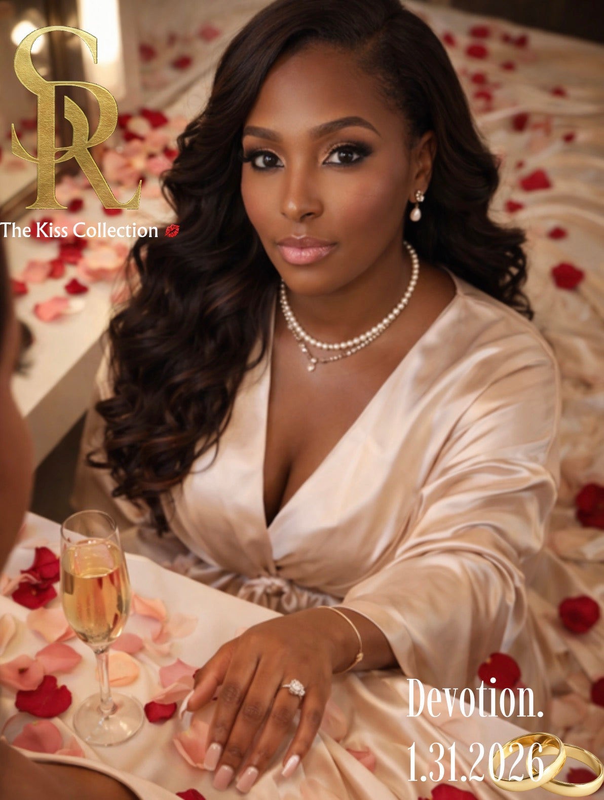 Woman in a satin robe with a glass of champagne and rose petals, 'The Kiss Collection' branding visible.